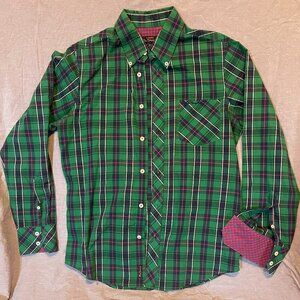 Ben Sherman Men, Long sleeve button up green blue plaid shirt, Medium